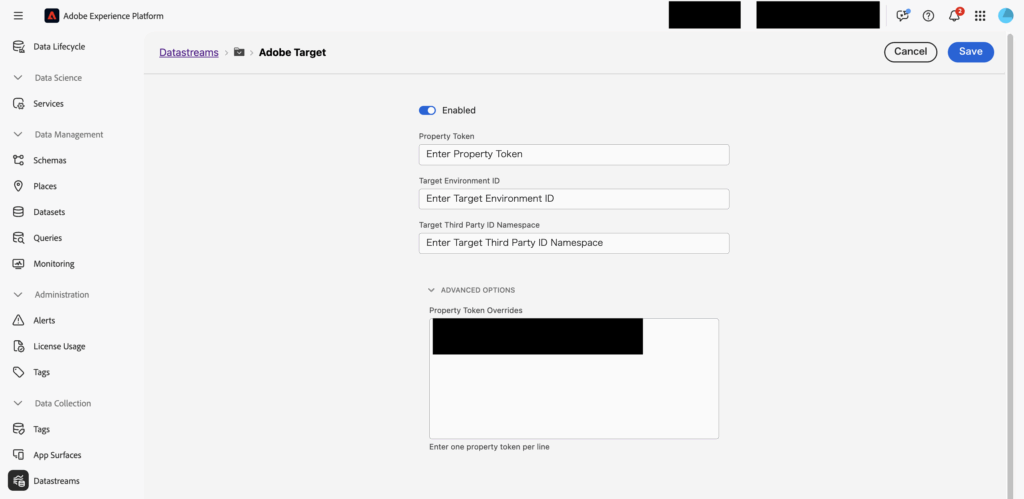 データストリームのAdobe Targetサービスに設定